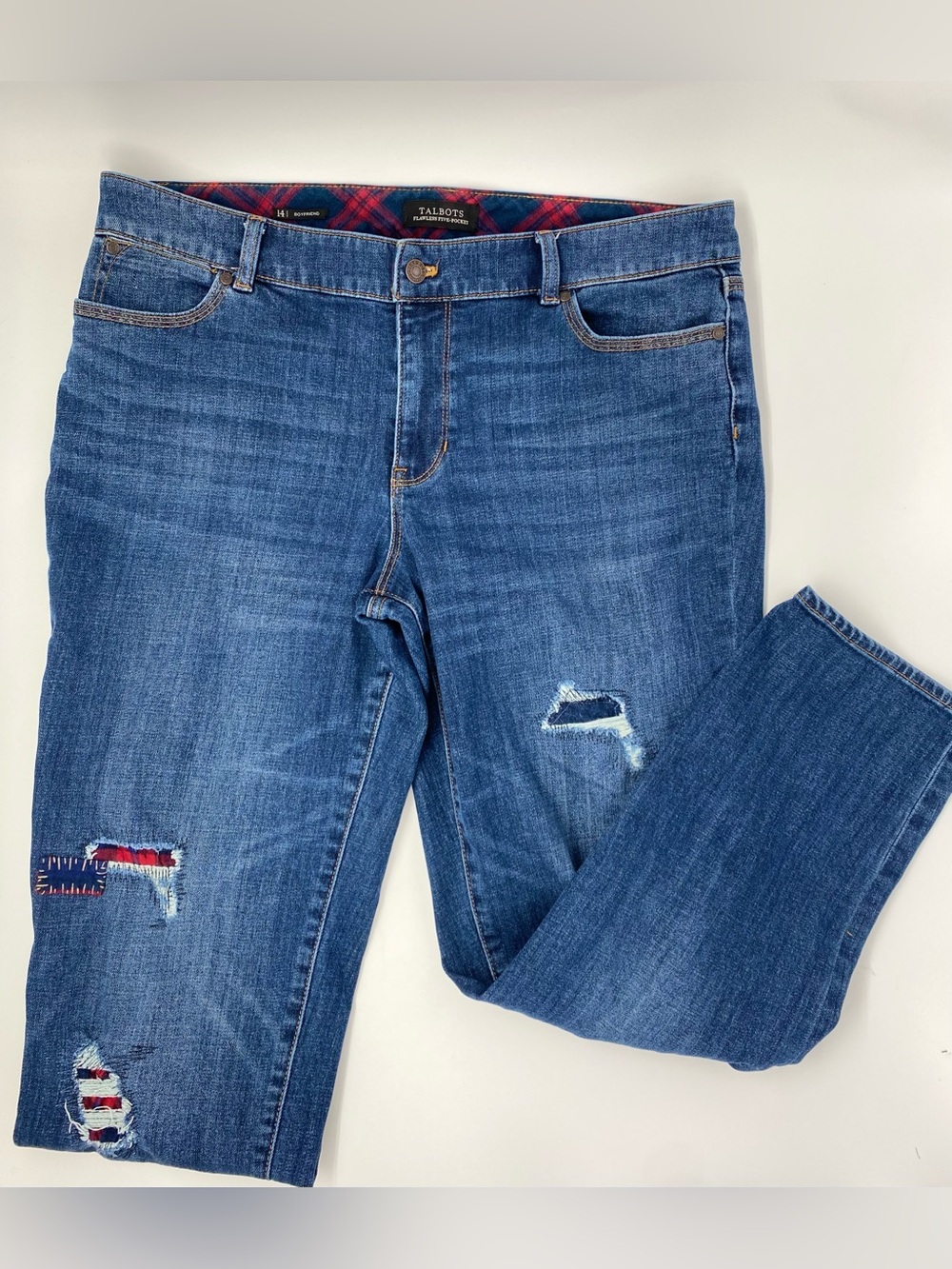 Talbots Flawless Five Pocket Distressed Boyfriend Jeans w/ Plaid Inner Lining 14
